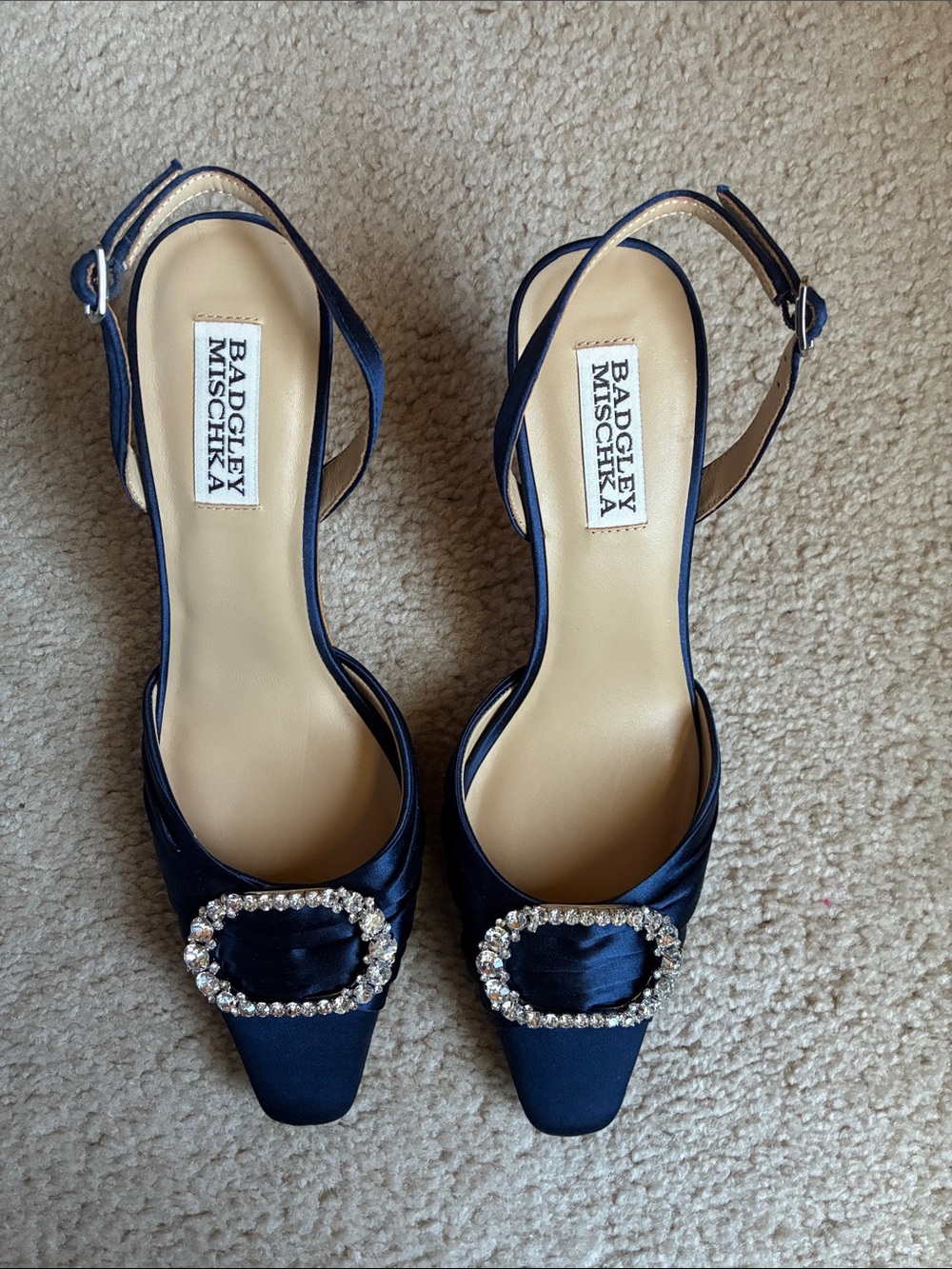Badgley Mischka Navy Satin Slingback Heels with Crystal Buckle size 6